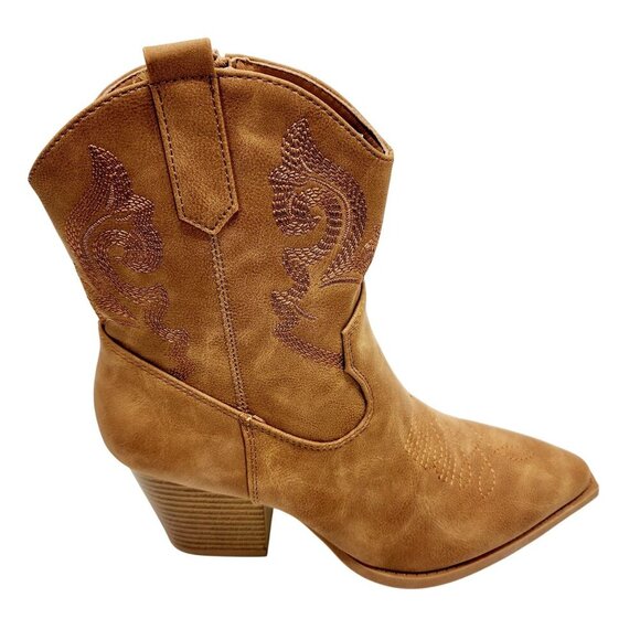 Womens Western Style Tan Ankle Boots With Embroidery & Block Heel Size 7 - Picture 8 of 11
